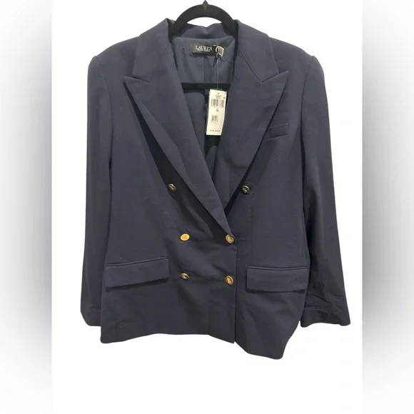 NWT Lauren Ralph Lauren Navy Double-Breasted Wool Crepe Blazer size 16 - Picture 7 of 12